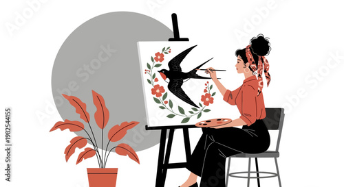 Graceful stroke of the swallow art process with female painter