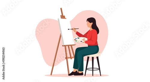 Professional artist focused on painting at tall wooden easel