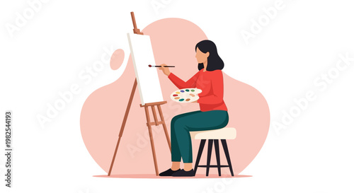 Focused woman painter sitting on stool in artistic studio