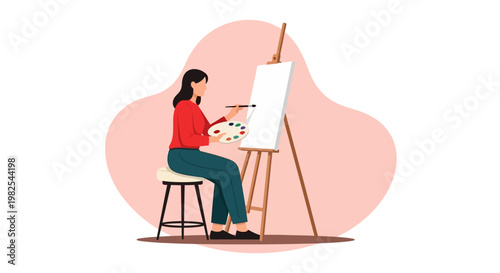 Elegant artistic scene of woman painting in minimalist studio