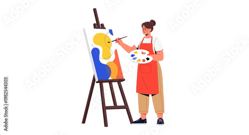 Professional painter standing at wooden easel with colorful palette