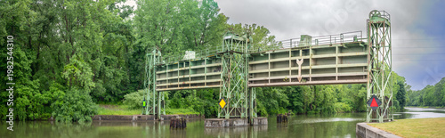 Counterweight of a lock and dam mechanical structure along the Erie Canal Trail outside of Rochester, NY
