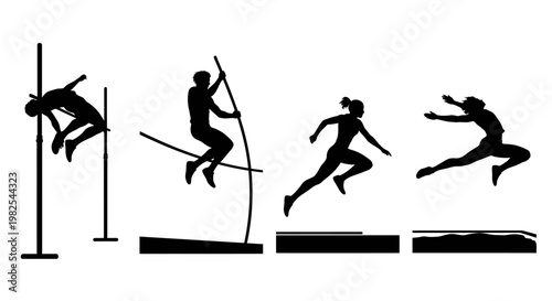Athletes in motion silhouette vector graphics of track and field events on white background