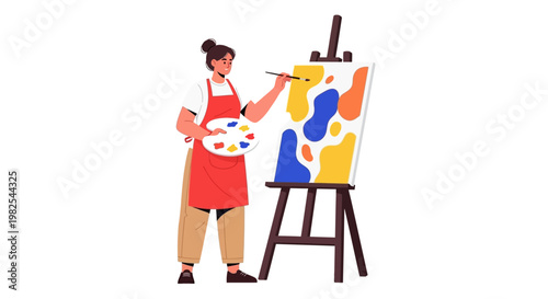 Confident female artist in red apron painting modern abstract art