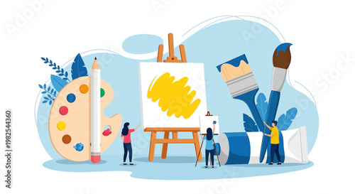 Conceptual illustration of small people and giant art supplies