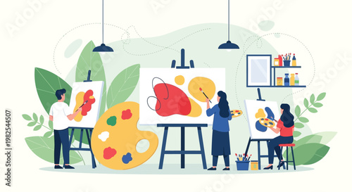 Group of artists working together in an airy modern studio