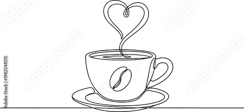 Continuous line drawing Continuous line coffee cup, heart steam, minimalist vector icon, coffee break symbol, simple outline