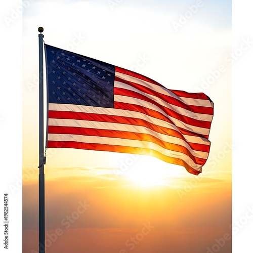American flag waving in the wind at sunset