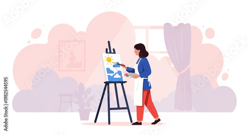 Creative girl painting sunlit landscape for world art day hobby