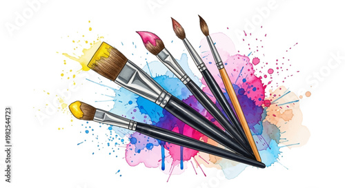 Professional painting tools vignette with yellow and brown bristles