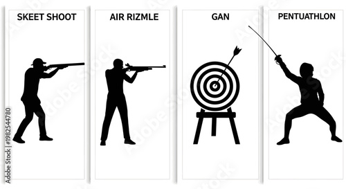 Silhouette of people shooting and throwing in different sports skeet shoot air rifle gan pentathlon