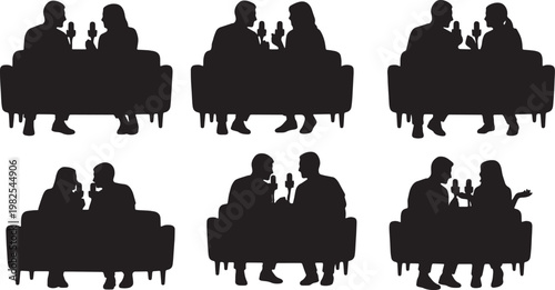 Black Solid Couple Podcast Sofa Microphone Silhouettes Set of Six on White Background