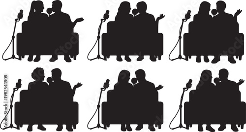 Black Solid Couple Podcast Sofa Microphone Silhouettes Set of Six on White Background