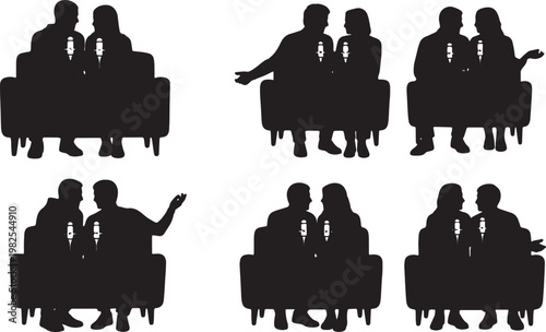 Black Solid Couple Podcast Sofa Microphone Silhouettes Set of Six on White Background