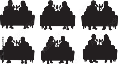 Black Solid Couple Podcast Sofa Microphone Silhouettes Set of Six on White Background