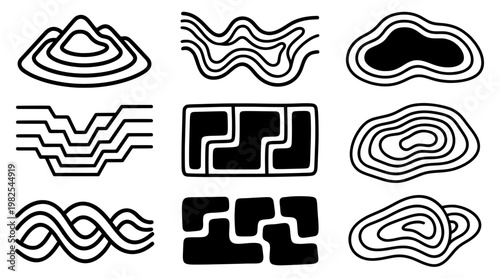 Collection of black and white topographic map contour lines and abstract terrain shapes. Minimalist vector element set for geography and map designs