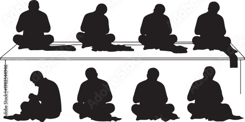 Black Solid Crosslegged Table Tailor Sitting Silhouettes Set of Six on White Background