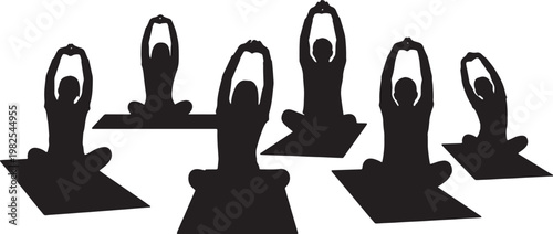 Black Solid Crosslegged Yoga Stretching Sitting Silhouettes Set of Six on White Background