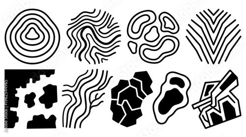 Set of clean black and white topographic and bathymetric map elements. Includes contour lines, abstract terrain shapes, and geography vector icons