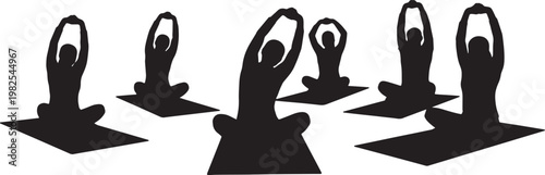 Black Solid Crosslegged Yoga Stretching Sitting Silhouettes Set of Six on White Background