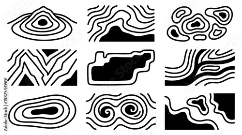 Collection of black and white abstract topographic contour map lines and terrain shapes. Perfect for geography backgrounds, hiking maps, and design