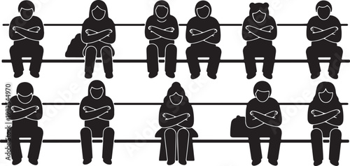 Black Solid Crowded Subway Protective Arm Sitting Silhouettes Set of Six on White Background