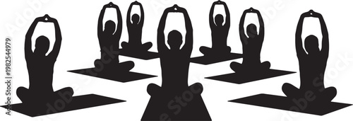 Black Solid Crosslegged Yoga Stretching Sitting Silhouettes Set of Six on White Background