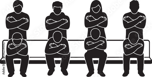 Black Solid Crowded Subway Protective Arm Sitting Silhouettes Set of Six on White Background