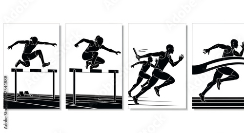 Athletes competing in hurdle race on track field with motion blur effect in black and white