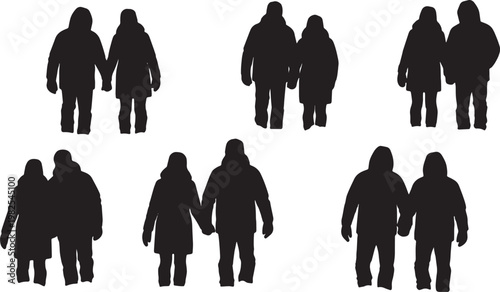 Black Solid Deep Snow Coat Walking Silhouettes Set of Six on White Background