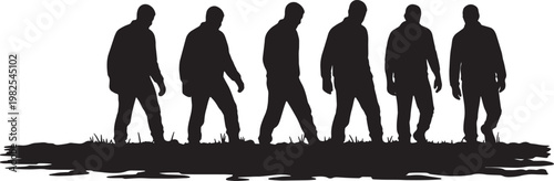 Black Solid Dense Mud Military Marching Silhouettes Set of Six on White Background