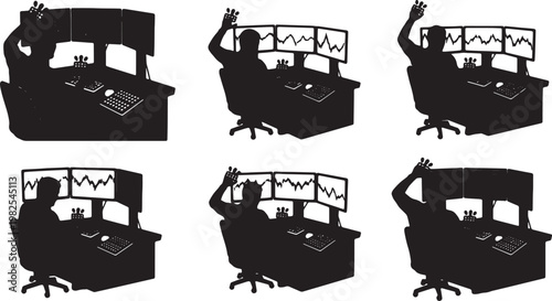 Black Solid Day Trader Multi Monitor Livestream Silhouettes Set of Six on White Background