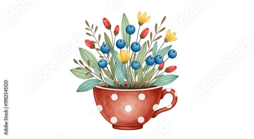 Charming watercolor teacup filled with colorful stylized flora