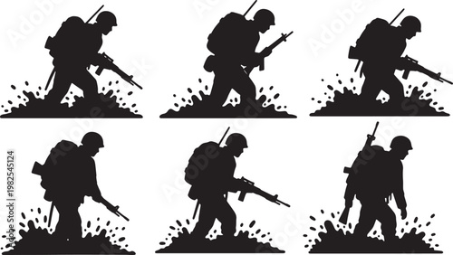 Black Solid Dense Mud Military Marching Silhouettes Set of Six on White Background