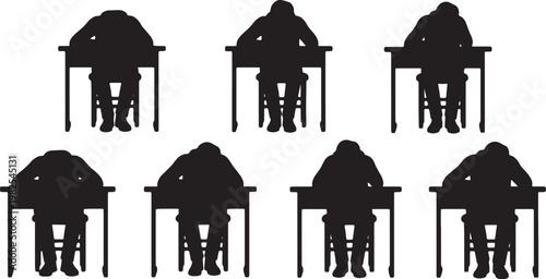 Black Solid Desk Study Fatigue Sleeping Silhouettes Set of Six on White Background