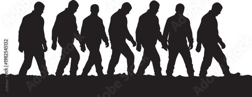 Black Solid Dense Mud Military Marching Silhouettes Set of Six on White Background