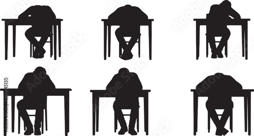 Black Solid Desk Study Fatigue Sleeping Silhouettes Set of Six on White Background