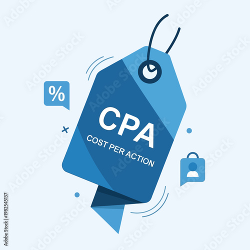 CPA Cost Per Action concept represented by a blue price tag icon.