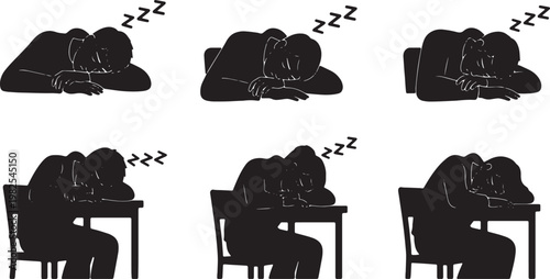 Black Solid Desk Study Fatigue Sleeping Silhouettes Set of Six on White Background