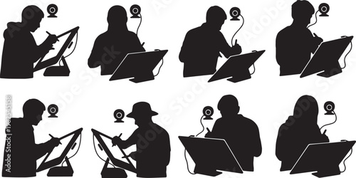 Black Solid Digital Art Tablet Stream Setup Silhouettes Set of Six on White Background
