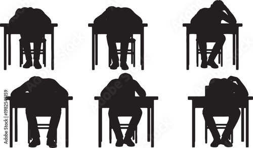Black Solid Desk Study Fatigue Sleeping Silhouettes Set of Six on White Background