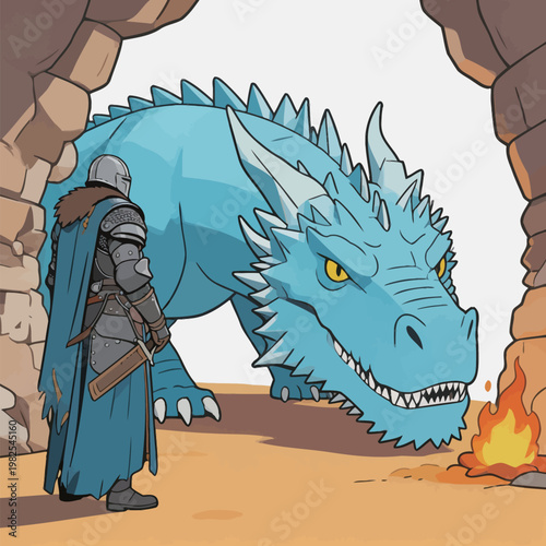 Knight Standing Near Blue Dragon in Stone Cave