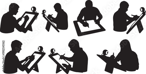 Black Solid Digital Art Tablet Stream Setup Silhouettes Set of Six on White Background