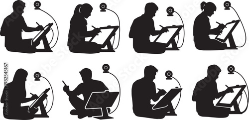 Black Solid Digital Art Tablet Stream Setup Silhouettes Set of Six on White Background