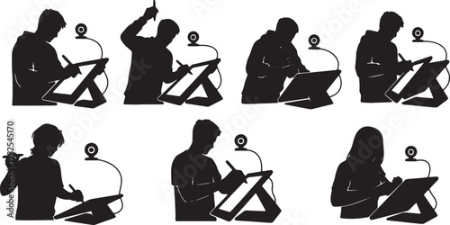 Black Solid Digital Art Tablet Stream Setup Silhouettes Set of Six on White Background