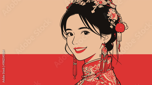 Chinese Woman in Traditional Wedding Attire Illustration