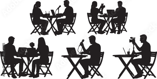 Black Solid Digital Nomad Cafe Vlogging Setup Silhouettes Set of Six on White Background