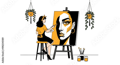 Modern female artist painting bold geometric portrait on large easel