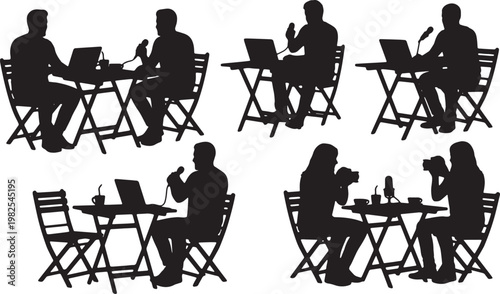 Black Solid Digital Nomad Cafe Vlogging Setup Silhouettes Set of Six on White Background