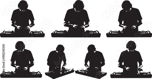 Black Solid DJ Equipment Reviewer Mixer Scratching Silhouettes Set of Six on White Background